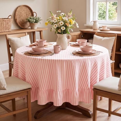 Eternal Beauty Striped Ruffled Round Tablecloth 60 Inch Pink White by EternalBeauty