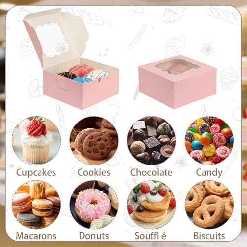 100 pcs 6x6x3 Inch Cookie Boxes with Window, Pink Cookie Boxes for Gift Giving, Bakery Boxes for Cookies, Macarons, Donuts, Pastries - Image 3