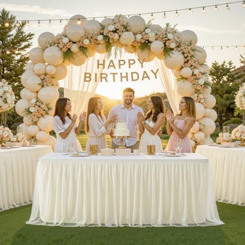4 Pack 8ft Ivory Tulle Tablecloths for Rectangle Tables, 8 Foot Ivory Rectangular Table Cloth Wrinkle Free Tablecover with Tutu Skirt for Wedding Baby Shower Birthday Party Banquet Buffet Cake - Image 4