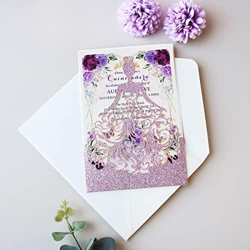 5.12 x7.28 inch 50PCS Purple Glitter Quinceanera Invitations Kit Laser Cut Hollow Girl Princess Quinceañera Invitations with Envelopes for Quinceanera Bridal Shower Invite - Image 7