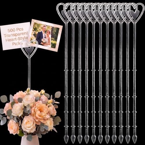 500 Pcs Floral Card Holder Picks, 9 Inch Clear Heart Sticks for Weddings by Patelai