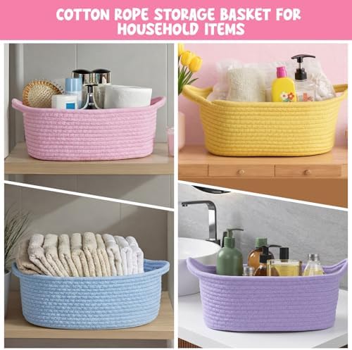 Hoolerry 8 Set Small Woven Gift Basket Empty with Bag Bow Raffia Pastel Cotton Rope Storage Box with Handle for Toy Storage Nursery Shelf Organizing Baby Shower Birthday Gift Basket, 12"x 8" x 5" - Image 6