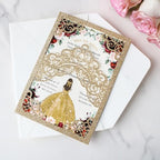 Hosmsua 50PCS Personalized Gold Glitter Quinceanera Invitations Kit, 5.1x7.3 Inch Laser Cut Floral Crown Pocket Quinceanera Invitation Cards with Envelopes for Birthday Quince Anos Invite - Image 3
