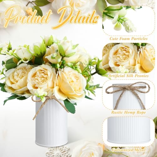 3 Sets Artificial Peonies Flower Peony Bouquet with Galvanized Metal Pot Silk Fake Peonies Faux Flower Arrangements for Wedding Table Centerpiece Party Home Room (Champagne) - Image 4