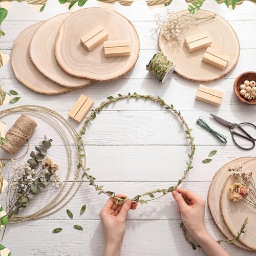 Leinuosen 6 Sets 12" Floral Hoop with Stands, Wood Slices Jute Ribbon - Image 3