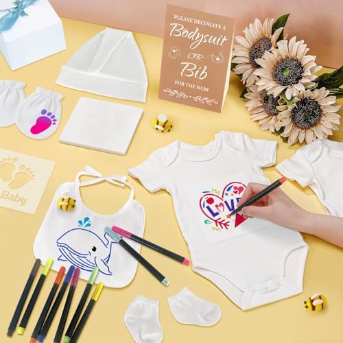 78PCS Baby Bib Bodysuit Baby Shower Set Baby Shower Game Sign Baby Feede Bib Newborn Bodysuit Fabric Marker - Image 6