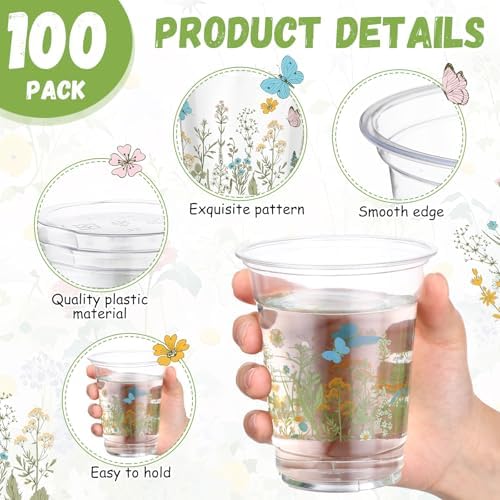 100 Pack Wildflower Plastic Cups, 12 oz Floral Party Decorations - Image 3