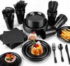 Kochorie 480 Pieces Black Plastic Dinnerware Set for 60 Guests Disposable Heavy Duty Plates Napkins Cups and Silverware Dessert Dinner Plates for Halloween Birthday Wedding Party Supplies by Kochorie