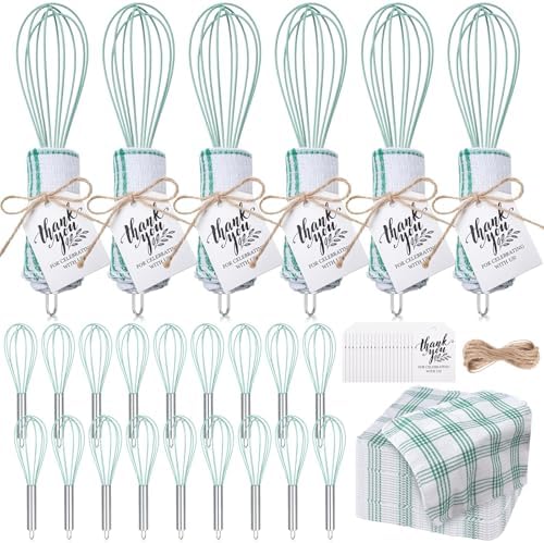 Honeydak 48 Pcs 10 Inch Whisks and Waffle Tea Towels Bulk for Cooking Heat-resistant Silicone Whisks with Thank You Tags for Bridal Shower Gifts for Guests Wedding Favors Baby Shower Party Game Prizes by Honeydak