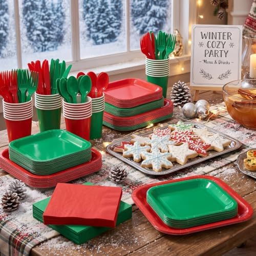 Vyntra 350 Pcs Red & Green Square Paper Plates and Napkins Set, Serves 50 - Image 7