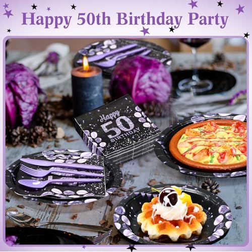 Pickmesh 400 Pcs 50th Birthday Party Supplies Purple Black Plates Serve 50 - Image 5