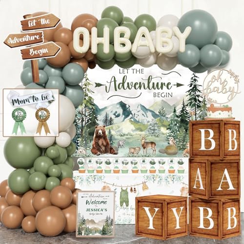Let the Adventure Begin Baby Shower Decorations, 131 PCs Adventure Awaits Baby Shower Party Supplies with Mountain Backdrop, Balloon Garland, Mom to Be Sash for Boys Forest Woodland Party by Fiesec