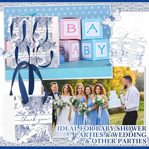 Kolldenn 100 Pack Blue White Chinoiserie Thank You Bags Bulk 4.33x3.94x2.76 Small Floral Paper Bags with Handles and Tags for Wedding Bridal Shower Bachelorette Baby Shower Birthday Party Favors - Image 6