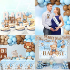 Blue Bear Baby Shower Decorations for Boy, All-in-1 Bear Party Decorations with Balloon Arch Kit Wood Grain Baby Boxes Plates Napkins Cake Toppers Tablecloth Backdrop Blue and Brown Baby Shower Decor - Image 6