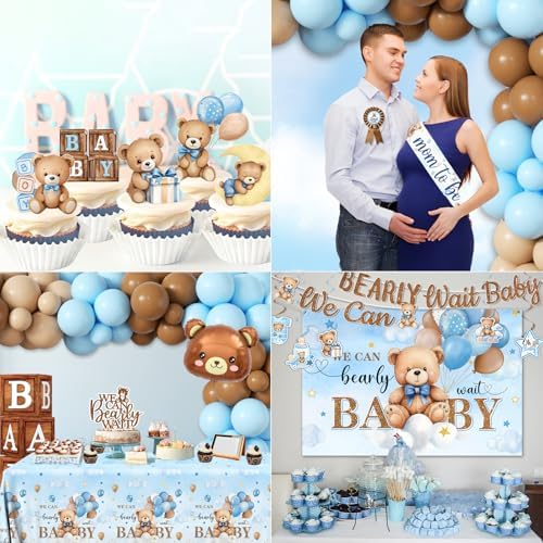 Blue Bear Baby Shower Decorations for Boy, All-in-1 Bear Party Decorations with Balloon Arch Kit Wood Grain Baby Boxes Plates Napkins Cake Toppers Tablecloth Backdrop Blue and Brown Baby Shower Decor - Image 6