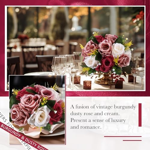 Hotop 12 Pcs Silk Rose Flower Balls,Burgundy, Dusty Pink, Creamy White - Image 4