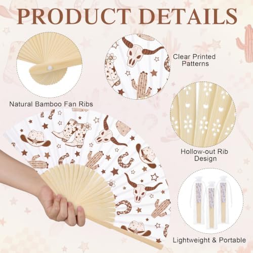 25 Pcs Western Cowboy Folding Paper Fans Bulk with Organza Bag - Image 3