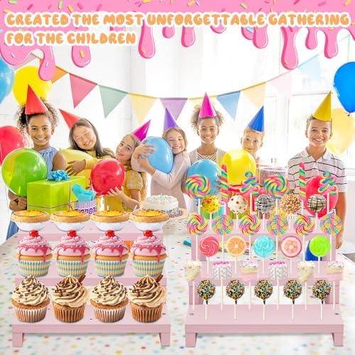 Wood Cake Pop Stands, 3 Tier Lollipop Holders with Twist Ties Lollipop Sticks, Sucker Display Riser for Dessert Table of Wedding Birthday Party (Pink-2P) - Image 3