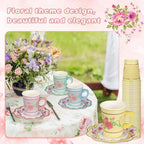 FillTouch 200 Sets Floral Paper Tea Cups and Saucers Disposable Paper Tea Party Supplies 9 oz Cups with Handle and Saucer for Birthday Wedding Party Decorations (Classic Style) - Image 4