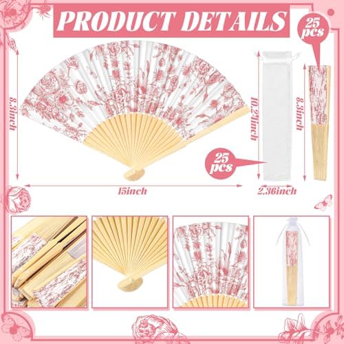 Vercraft 25 Sets Pink Floral Folding Fans, Wedding Favors for Guests - Image 3