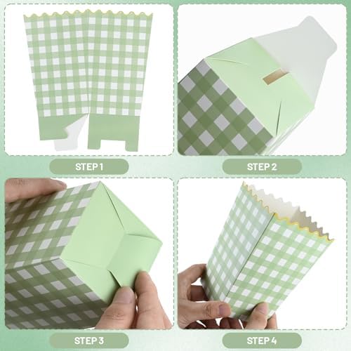 Kuabiz 60 Pcs Green Gingham Popcorn Boxes with Scalloped Sage Green Checkered Paper Candy Boxes Disposable Gingham Popcorn Bowls Cookie Containers for Movie Night Bridal Baby Shower Party Supplies - Image 3