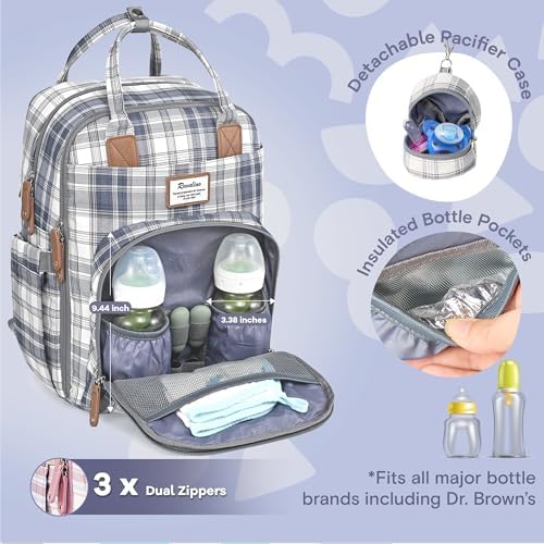 RUVALINO Diaper Bag Backpack, Multifunction Travel Pack Maternity Baby Changing Bags, Large Capacity, Waterproof, Blue Plaid - Image 3