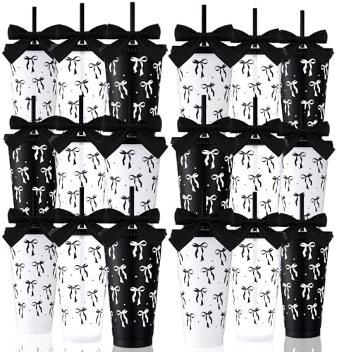 Skylety 24 Pcs Black Bow Plastic Cups with Lid Straw and Ribbon by Skylety
