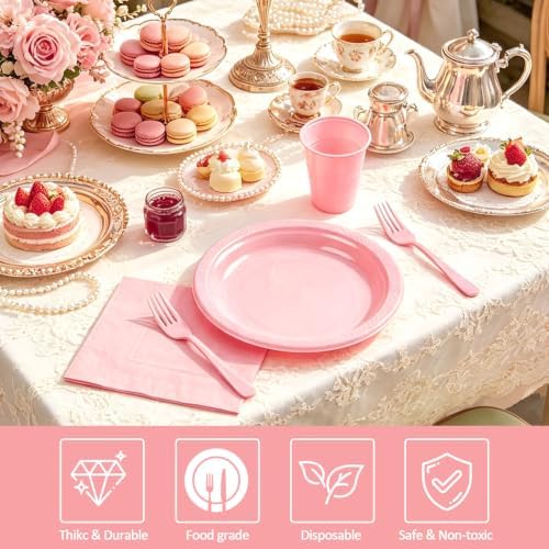 Pink Plastic Party Plates Set, Disposable Light Pink Plates and Napkins for Party, 50 of Each 9" Dinner Plate, Napkins, Cups & Cutlery Plastic Party Supplies for Birthday, Baby Shower, Wedding - Image 3
