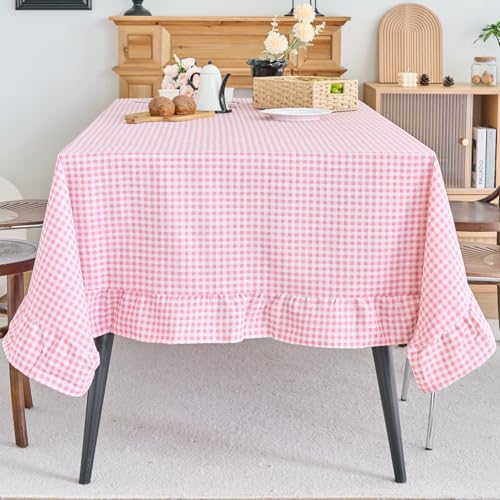 vctops Farmhouse Pink Plaid Ruffle Table Cloth, Boho Cotton Linen Tablecloth, Washable Table Cover for Rectangle Table Baby Shower Kitchen Party Wedding Decor (Pink,70"x90") by vctops