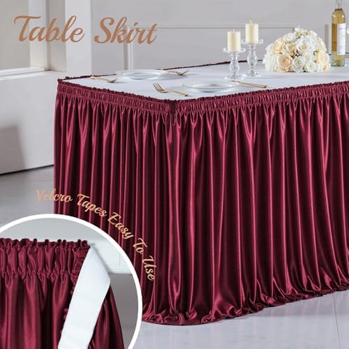 21ft Length Satin Burgundy Table Skirt Rectangle Tables, Wrinkle Free Pleated Ruffle Table Cloth Glitter Desk Skirting for Weddings Birthday Party Satge Banquet Dining Table Decorations - Image 4