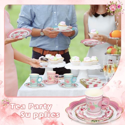 FillTouch 50 Sets Floral Paper Tea Cups and Saucers for Tea Party - Image 6