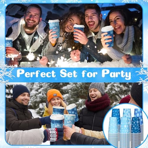 Jingmore 48 Sets 16oz Disposable Paper Coffee Cups with Lids Sleeves Straws Holiday Paper Drinking Cups Bulk for Hot Cold Beverages Home Business Cafe Birthday Party Supplies (Snowflake) - Image 5