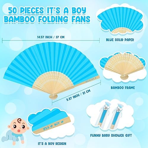 Colarr 50 Sets Baby Shower Favors for Guests Folding Fans Bulk, Blue - Image 2