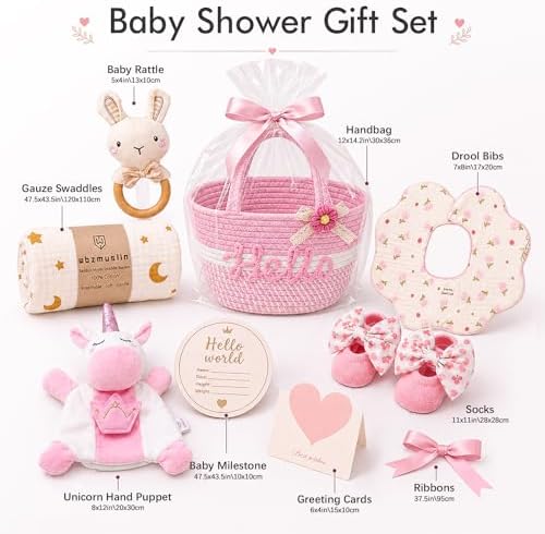 Golray Baby Girl Gifts for Baby Shower, Newborn Baby Girl Gift Basket with Unicorn Lovey Hand Puppet, Muslin Swaddle Blanket, Baby Rattle, Bib, Socks, Milestone Sign, Welcome Baby Gift Set for Girls - Image 2