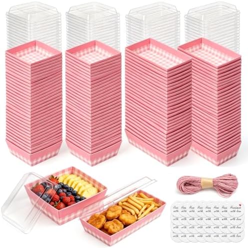 100 Pack Pink Charcuterie Plaid Boxes with Clear Lids, Two Different Sizes by Unknown