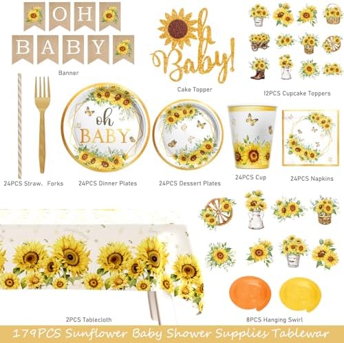 Hombae Sunflower Baby Shower Decorations for Girls, 179 PCs Sunflower Yellow Party Supplies with Plates, Napkins, Forks, Hanging Swirls, Banner, Tablecloth for Baby in Bloom Party, Serves 24 Guests - Image 2