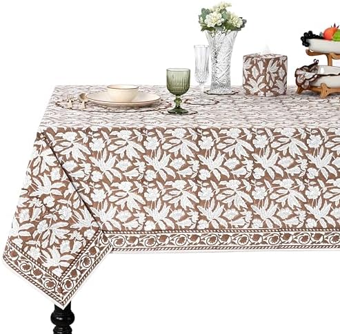 Ridhi Oak Brown Hand Block Print Cotton Square Tablecloth 60 x 60 Inch by Ridhi