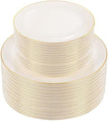 bUCLA 100PCS Ivory Plastic Plates with Gold Rim - Heavy Duty Cream Disposable Include 50 Dinner 10 inch & 50 Dessert 7 inch, for Party & Wedding by BUCLA