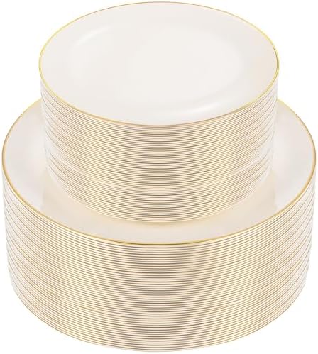 bUCLA 100PCS Ivory Plastic Plates with Gold Rim - Heavy Duty Cream Disposable Include 50 Dinner 10 inch & 50 Dessert 7 inch, for Party & Wedding by BUCLA