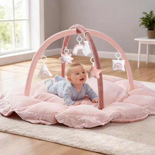 Mallify 5-in-1 Thick Plush Baby Play Gym Mat, Tummy Time Mat with 6 Sensory Toys, Baby Play Mat, Convertible Baby Gym for Stage-Based Development from Babies to Toddlers, Baby Essentials Gift, Pink by MF