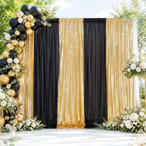 Party Backdrop Curtain 10ftx10ft - Gold Sequin and Black Satin Drapes - Image 6
