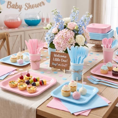 Vyntra 350 Pcs Pink & Blue Square Paper Plates and Napkins Set, Serves 50 - Image 5