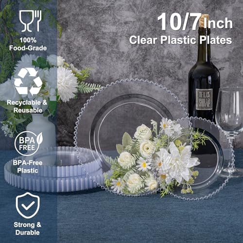 U-QE 60PCS Clear Plastic Plates - Fancy Beaded Plates Disposable Heavy Duty - Image 2