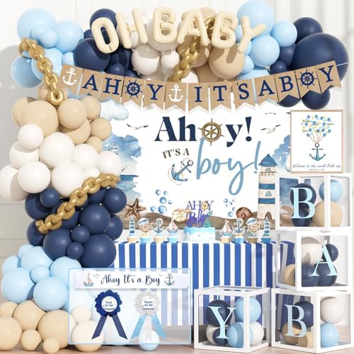 Party Inspo Ahoy It’s a Boy Baby Shower Decorations for Boy – 133 PCs Nautical Theme Party Supplies with Backdrop, Balloon Garland, Banner, Tablecloth, Poster, Cake Topper, Sash and Badges by Unknown