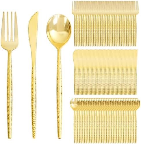 Supernal 360PCS Hammered Gold Plastic Silverware,Heavy Duty Plastic Utensil by supernal