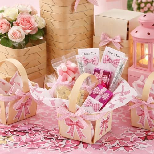 Teecyhooo 30sets Pink Gingham Wooden Gift Baskets with Handles Bow Stickers - Image 5