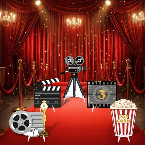 5 Pcs Large Movie Night Party Decorations, Classic Movie Cardboard Cutouts Standup, Popcorn Film Camera Clapperboard Lawn Yard Sign for Theater Theme Indoor Outdoor Birthday Photo Prop - Image 2