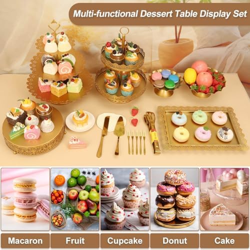 Audab Gold Dessert Table Display Set, Including Cake Stand, Cupcake Stand, Serving trays, Platters, Cake Cutting Set and Serving Tongs for Vintage Wedding Decor, Party Food Decorations - Image 2