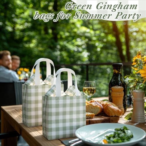 Lingvee 50 Pack Gingham Gift Bag Bulk Sage Green and White Theme Plaid Reusable Tote Bags with Handle Non Woven Candy Bags for Checkered Themed Birthday Baby Shower Party Decorations Supplies - Image 4