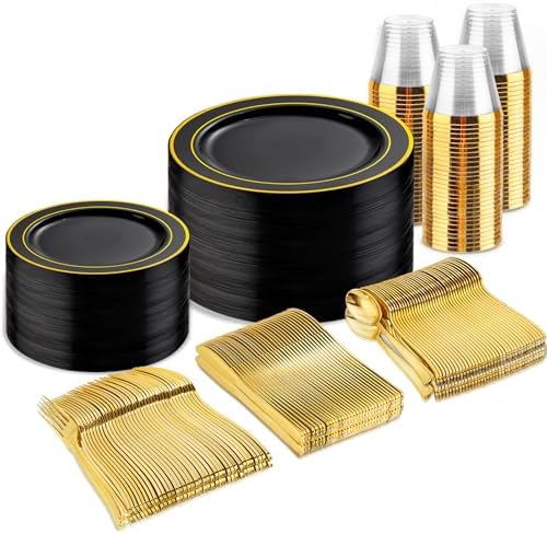 bUCLA 300PCS Black and Gold Disposable Dinnerware Set - 50 Guests Black Plastic Plates with Gold Rim Include 50 Dinner / 50 Dessert Plates, 50 Forks,50 Knives,50 Spoons&50 Cups for Party&Graduation by BUCLA